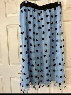 Light Blue Midi Skirt with Black Heart Appliqués